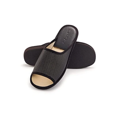 Imagen de ESTRO Zapatillas Casa Hombre Verano Pantuflas Cuero Abiertas con Suela de Memoria F19 (Marrón Oscuro F19, 45 EU)