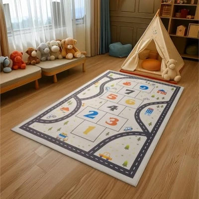Imagen de Navaris Alfombra Infantil Habitacion Niños 120x160cm Juegos Rayuela con Carreteras Carretera Antideslizante