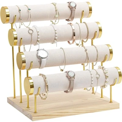Imagen de Procase Soporte para Pulsera, 2 Niveles de Exhibición Joyas Expositor Terciopelo Collares Relojes Pulseras Tobillera Scrunchies Crema