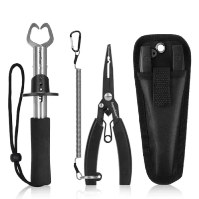Imagen de supregear Juego de Alicates Pesca, Removedor Anzuelo Acero Inoxidable Cortadores Línea Pesca Multifunción con Funda y Herramienta Acollador Enrollado, Negro