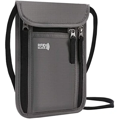 Imagen de KEAFOLS Portadocumentos de Cuello Viaje Pasaporte Monedero Colgante Impermeable con Bloqueo RFID Billetera Correa para Ajustable Efectivo Organizador Gris