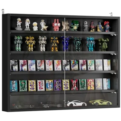 Imagen de HOMCOM Vitrina de Pared Madera con Estantes Ajustables y 2 Puertas Correderas Vidrio para Colecciones Perfumes Figuras Decoración 80x9,5x60 cm Negro