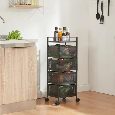 Imagen de [en.casa] Carro de Servicio con 4 Cestas Rectangulares Verdulero Paredes Perforadas y 3 Superiores Giratorias Carrito Cocina Baño Ruedas Acero 80x27x27 cm Negro