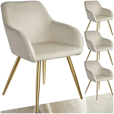 Imagen de tectake® Juego de Sillas Tapizadas en Terciopelo, Comedor Ergonómicas y Versátiles, Gran Estabilidad Capacidad Carga, Cocina Elegantes 4 Crema/Oro