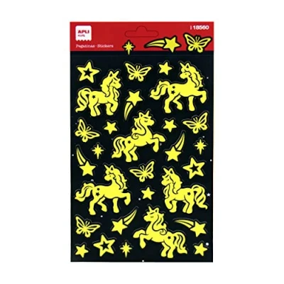 Imagen de APLI Kids 18560 Pegatinas con Acabado luminiscente Modelo Unicornios, Brillan en la Oscuridad. Incluye 1 Hoja 26 de Adhesivo Permanente (18560)