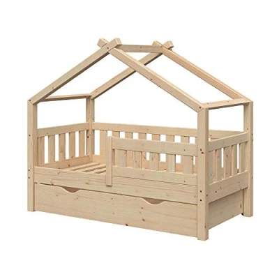 Imagen de VitaliSpa Cama en Forma de casa Design, Madera Natural, 70x140 cm con cajón