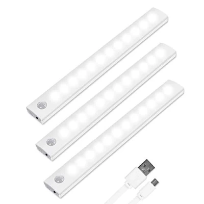 Imagen de Vicloon luces con sensor de movimiento, 3 armario 12 LED debajo del gabinete, encendido y apagado automático, USB inalámbrico recargable luz nocturna tira magnética para