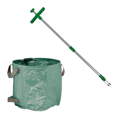 Imagen de Relaxdays Basura Extractor de Malas Hierbas con Saco para Residuos Jardín, Desmalezador Mango Largo, 99 cm, Verde