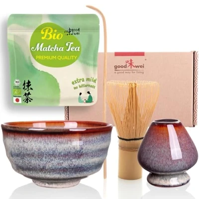 Imagen de Goodwei BIO Matcha Juego de té japonés orgánico Vert con batidor bambú, taza Tazón artístico Caja regalo (Uji, Soporte Batidor)