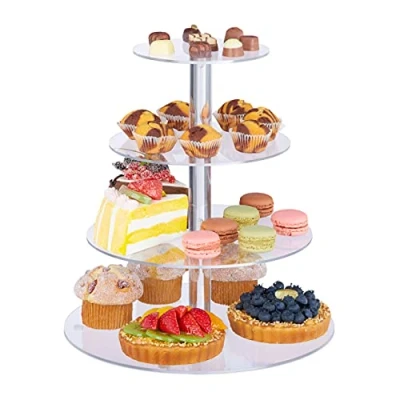Imagen de Relaxdays Soporte Tartas, 4 Pisos, Redondo, Platos Cupcakes, Bandejas Galletas, Muffins, Quesos, Acrílico, Transparente, 30,5 x 30cm