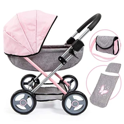 Imagen de bayer Design 12733AA Cochecito de muñecas Cosy, Plegable, Bolsa, Cesta integrada, Manta y Almohada, Mariposa, Color Gris, Rosa, 46 cm