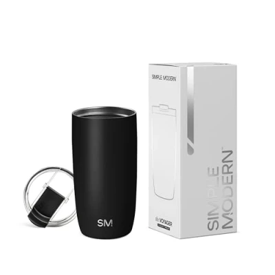 Imagen de Simple Modern Travel Coffee Mug Tumbler with Clear Flip Lid Reusable Insulated Stainless Steel Thermos Cold Brew Iced and Tea Cup Voyager Collection 16oz (470ml) Midnight Black