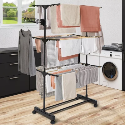 Imagen de IDMarket Secador de ropa acero inoxidable Maxima negro y aspecto madera tendedero plegable H.145 CM