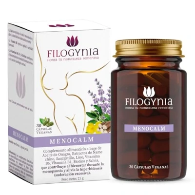 Imagen de Filogynia Menocalm Cápsulas Veganas para Mujeres Durante la Menopausia Fabricado en España Bienestar Femenino Complemento Alimenticio con Ingredientes Naturales Estrógenos Mujer 30 Caps.