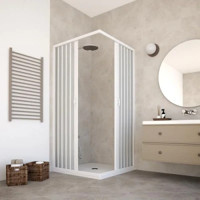Imagen de cabina de ducha 70 x 100 185 cm, modelo Paola, PVC, con apertura angular, doble puerta fuelle reducible, reversible, color blanco.