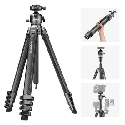 Imagen de NEEWER LITETRIP LT38 Trípode de viaje fibra carbono 61 pulgadas para cámara, cabezal bola perfil bajo inclinación panorámica 360, eje central flexible, placa QR Arca compatible