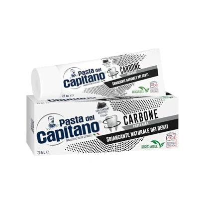 Imagen de Pasta del Capitano, Dentífrico de Carbón Vegetal Activo Bio, Blanqueador Natural Dientes en Negra, Efectivo contra las Sustancias que Manchan el Esmalte, 100% Made in Italy, Tubo 75 ml