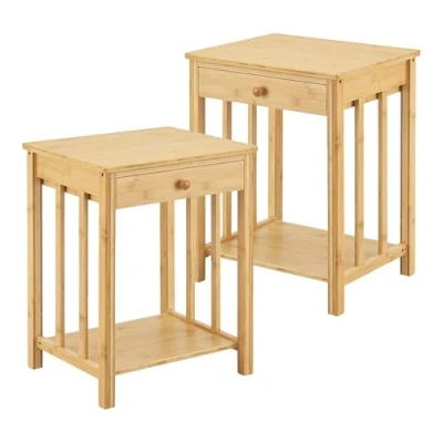 Imagen de [en.casa] Juego de 2 Mesitas Noche Ranua Rectangulares Set Mesas Auxiliares para Salón con Cajón Estante Muebles Oficina Montaje Rápido Bambú 51 x 40 35 cm Natural