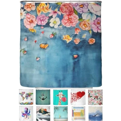 Imagen de arteneur® Cortina de ducha antimoho, 180 x 200 cm, con certificación Öko Tex Standard 100, dobladillo peso, opaca, impermeable, lavable, 12 anillas y libro electrónico, diseño flores que caen