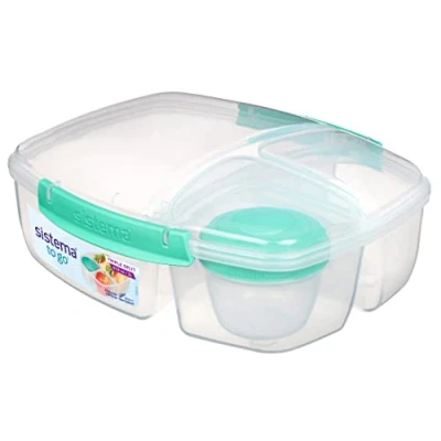 Imagen de Sistema To Go fiambrera de tres compartimentos con tarrina para yogur Recipiente hermético y apilable 2 l guardar alimentos Sin BPA Verde menta azulado