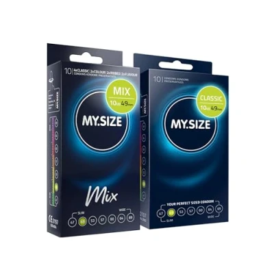 Imagen de My.SIZE Mix SET Tamaño 2, 49 mm: 10 condones clásicos + en 4 emocionantes variedades, con aroma, color, textura y clásicos.