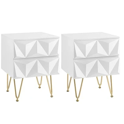 Imagen de EUGAD Juego de 2 Mesilla Noche con Cajones Efecto 3D, Mesita Dormitorio Elegante y Moderno, Auxiliar Salon Patas Metal, 40x40x53 cm, Blanco+Dorado, 0001CTG
