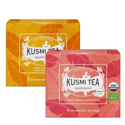 Imagen de Kusmi Tea Juego de 2 Cajas té AquaExotica &amp; AquaSummer Mezcla Hibisco y Fruta Infusión sin Teína Disfrutar Caliente o con Hielo x 20 Bolsitas