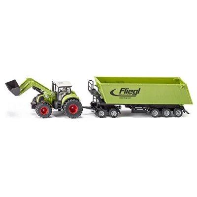 Imagen de siku 1949, Tractor Claas Axion con cargador frontal, dolly y remolque basculante, 1:50, Metal/Plástico, Verde, Brazo de carga pala móviles, Caja basculante
