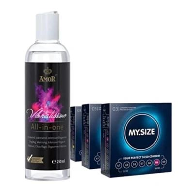 Imagen de Vibratissimo Play Gel all in one 250 ml y pack de 3 condones MY.SIZE I lubricante efecto cálido, estimulante potenciador del orgasmo lubricación a base agua 57, 60 64 mm