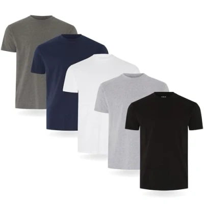 Imagen de FM London Camiseta paquete de 3/5 para hombre, peso premium con diseño ligeramente ajustado, supersuave hecha 100% algodón, Negro, Gris, Blanco, Azul Marino, Gris Antracita (Pack 5), M