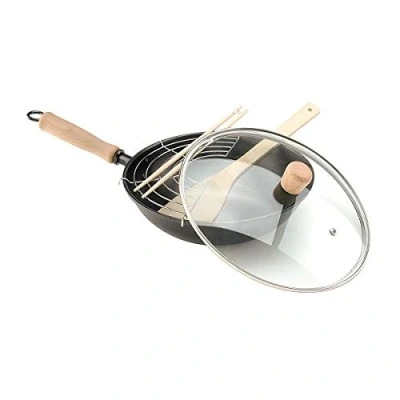 Imagen de Oroley Sartén Wok Hecha de Hierro Fundido Antiadherente para Inducción y Todo Tipo Cocinas con Tapa Mango Extraíble 28 cm