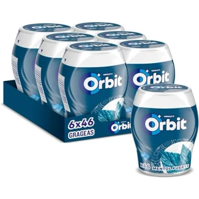 Imagen de Orbit Bote de Chicles Sin Azúcar Sabor Mentol Fuerte, Intenso y Larga Duración en formato Gragea (6 x 46 chicles)