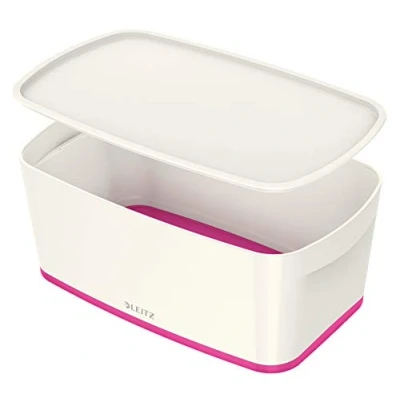 Imagen de Leitz MyBox Pequeña con tapa, Caja de almacenaje para casa o la oficina, 5 litros, A5, Blanco/Rosa metalizado, Plástico brillante, 52291023