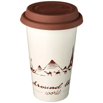 Imagen de De&#039;Longhi Hot Coffee Taza de viaje cerámica térmica doble pared + tapa silicona, 10 onzas, tema trotamundos