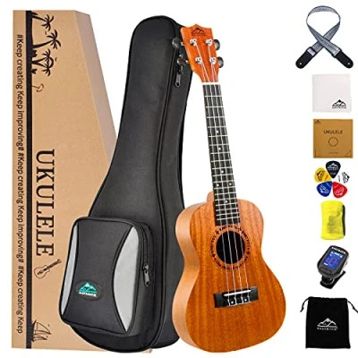 Imagen de EASTROCK ukelele para principiantes Kit de instrumentos madera caoba 23 pulgadas con bolsa, afinador, correa ukelele, cuerda carbono, paño limpieza