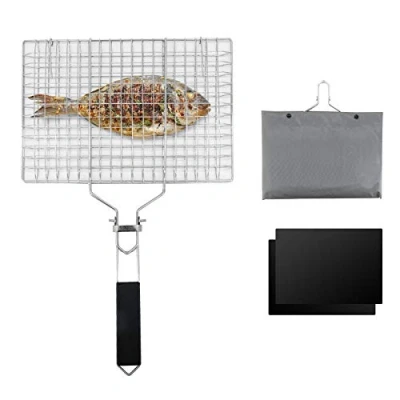 Imagen de cesta de parrilla para barbacoa, portátil, red barbacoa plegable acero inoxidable con alfombrilla pescado asado, camarones, verduras, carne, carne