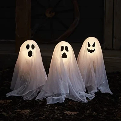 Imagen de Lights4fun Conjunto de 3 Fantasmas Balizas con LED Blanco Cálido a Pilas para Uso en Exteriores