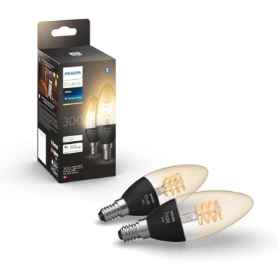 Imagen de Philips Hue Bombilla LED Inteligente de Filamento, Luz Blanca Cálida Regulable, E14 4.5W 300 lúmens, Compatible con Alexa y Google Home Pack 2 Bombillas Inteligentes