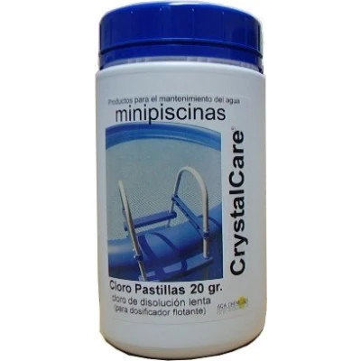 Imagen de CrystalCare Cloro en Pastillas Tricloro 90%. Tabletas de 20 gr. Especial minipiscinas. Bote 1 Kg.