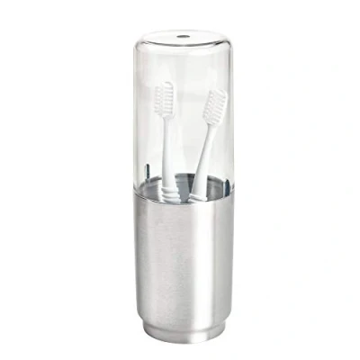 Imagen de iDesign Austin Soporte para cepillos de dientes plástico y metal, porta con tapa, transparente/plateado mate