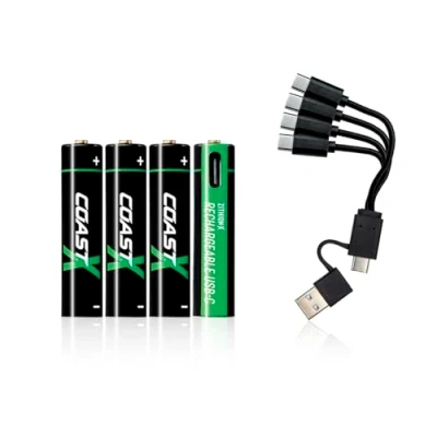 Imagen de Coast Pilas AAA USB C de Iones Litio, 1,5 V, 750 mAh, Larga duración, Carga en 1,3 Horas, Cable Incluido, 4 Unidades