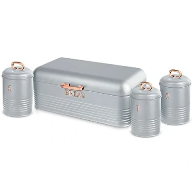 Imagen de Berlinger Haus Moonlight Panera de Mesa + Juego 3 Botes Cocina Almacenaje, Acero Inoxidable Resistente, Contenedor para Almacenamiento Pan y Bollería con Tapa, Gris/Oro Rosa