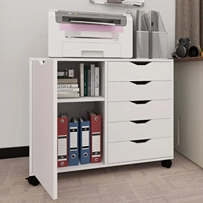 Imagen de PUNCIA Mueble archivador de Madera con Ruedas Oficina 5 cajones y Puerta Soporte Impresora Ajustable para Carpetas Documentos Carro Despacho Estudio en casa Blanco