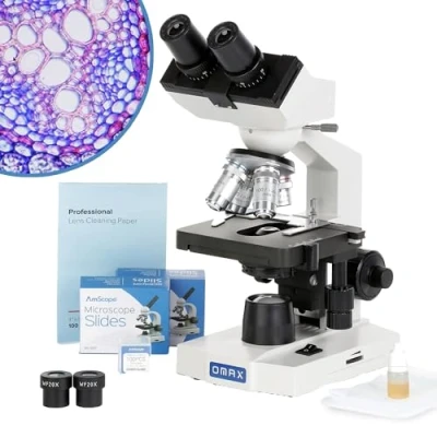 Imagen de OMAX 40X 2000X Binocular Microscopio Compuesto LED Lab Con Doble Capa Etapa Mecanica + 100 tapas de diapositivas en blanco y vidrio 50 papel limpiador lentes