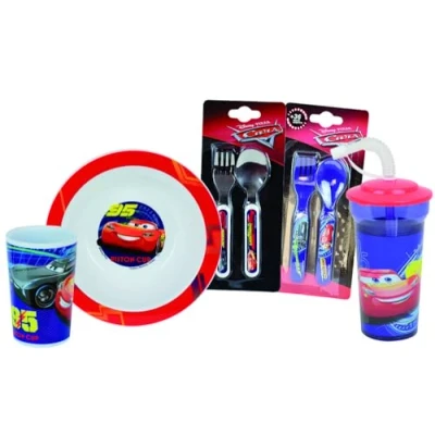 Imagen de DISNEY CARS Juego de vasos para niños (1 vaso 220 ml, 1 asiento hueco, 16 cm diámetro, con paja, 400 ml y 2 lotes cubiertas 13,5 cm, recipiente reutilizable