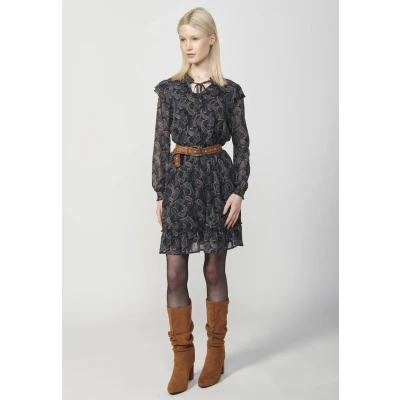 Imagen de Vestido corto de manga larga con Cuello mao fruncido y Detalle punto smock en el hombro estampado cashmere toques lurex color Multicolor para Mujer