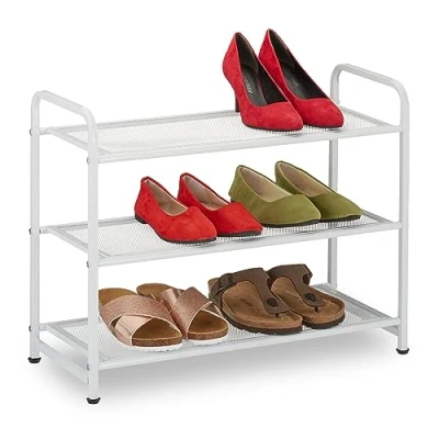 Imagen de Relaxdays Zapatero, 6 Pares Zapatos, Bambú, 48 x 60 25 cm, Soporte Metal Calzado, Estrecho, 3 Baldas, Pasillo, Blanco, Acero