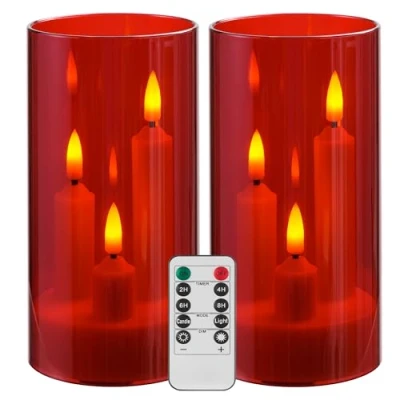 Imagen de Da by vela sin llama, a pilas con control remoto y temporizador, LED de tres mechas, boda romántica, decoración perfecta para el hogar, paquete 2 (rojo)
