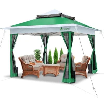 Imagen de VOUNOT Carpa Plegable Gazebo 3.6x3.6m con Laterales de Malla, Cenador Pabellón Pop Up Jardín Techo Doble y Bolsas Arena, Protección UV, para Camping, Fiestas, Exterior, Verde