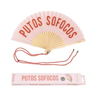 Imagen de Fisura Abanico original con mensaje “p*tos sofocos. de madera moderno y gracioso. rosa rojo. cuelga abanico. 42,5 x 23 cm.